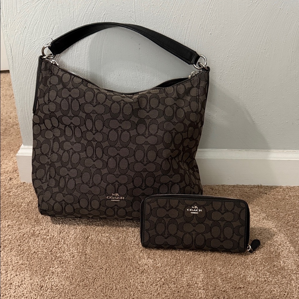 Coach Black and Brown Signature Bag and Wallet Set